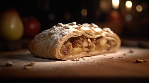 This photograph captures the rustic beauty of a freshly baked Apfelstrudel, a traditional Austrian pastry. The close-up shot showcases the intricate layers of flaky pastry and sweet apple filling, giving the viewer a mouth-watering glimpse into this delicious dessert. The use of a Canon 5D DSLR camera, 50mm portrait lens, and V-ray rendering technology in 8K resolution with ray tracing adds to the ultra-realistic quality of the image. The photograph is bathed in the warm, golden light of the Golden Hour, with uplight and hard rim lighting highlighting the textures and colors of the pastry.