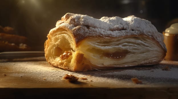 This close-up food photograph captures the essence of a warm and rustic Apfelstrudel. The golden brown pastry is freshly baked with apple filling spilling out, making it impossible not to crave. The use of Golden hour lighting and uplight creates a warm and inviting ambiance, while the hard rim lighting highlights the textures of the pastry. The ultra-realistic quality of the image is achieved with the use of a Canon 5D DSLR and 50mm portrait lens, as well as V-ray rendering and 8K resolution with ray tracing.