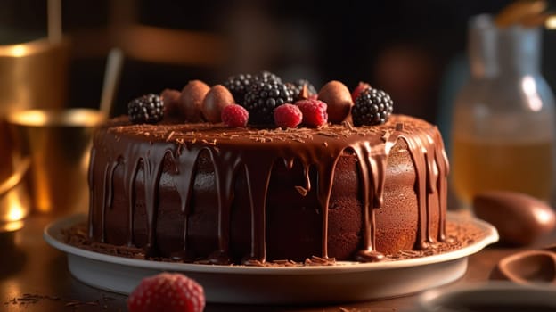 This photo captures the mouth-watering details of a rich, chocolate cake with a liquid core, perfectly crafted and presented. The ultra-realistic image was captured using a Canon 5D DSLR camera with a 50mm portrait lens, and enhanced with V-ray rendering and ray tracing technology, resulting in an 8K image. The golden hour lighting creates a warm and inviting atmosphere, with uplight and hard rim lighting highlighting the textures and details of the cake.