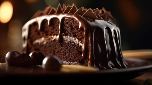 This close-up food photograph showcases a decadent chocolate cake with a luscious liquid core that is sure to make your mouth water. Captured using a Canon 5D DSLR camera with a 50mm portrait lens, this ultra-realistic image features a shallow depth of field (DOF) and a V-ray render with ray tracing technology. The cake is bathed in golden hour lighting with uplight and hard rim lighting that highlights its texture and adds depth to the image.