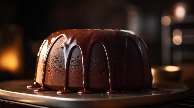 This close-up food photograph showcases a decadent chocolate cake with a gooey liquid center that is sure to satisfy any sweet tooth. The ultra-realistic image was captured with a Canon 5D DSLR camera using a 50mm portrait lens, and features a shallow depth of field (DOF) that draws the viewer's attention to the delectable cake. The V-ray rendering technique and ray tracing technology were used to produce an 8K image with stunning detail, while the lighting was set to a golden hour tone with uplight and hard rim lighting to accentuate the cake's texture and color.
