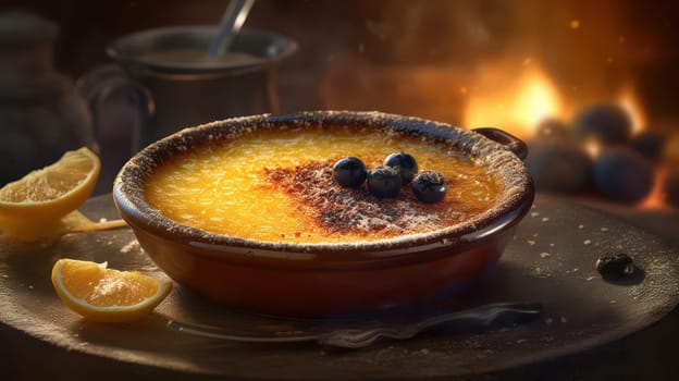 This close-up photograph captures the rich texture and vibrant colors of Crema Catalana, a popular Spanish dessert. The ultra-realistic and highly detailed image was captured using a Canon 5D DSLR camera with a 50mm portrait lens, and features a shallow depth of field to draw attention to the creamy dessert. The V-ray render and ray tracing techniques used in the image result in an 8K resolution and intricate details. The dessert is bathed in Golden hour lighting with uplight and hard rim lighting, which adds depth and highlights the textures of the dish.