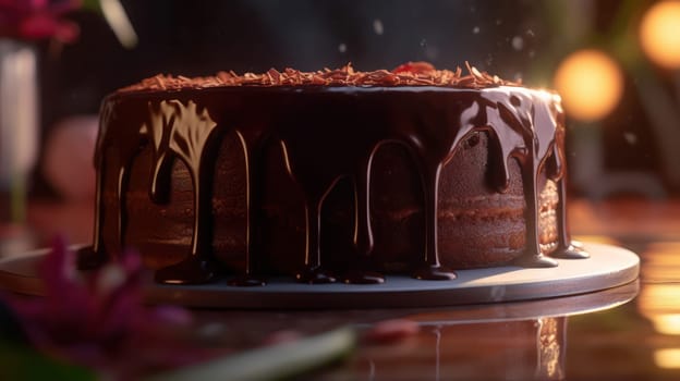 Indulge your sweet tooth with this ultra-realistic close-up food photography of a chocolate cake with a luscious, liquid core. Shot with a Canon 5D DSLR camera and 50mm portrait lens, this image features a shallow depth of field and V-ray rendering, with 8K resolution and ray tracing technology that brings out the texture and detail of every crumb and drip. The cake is perfectly lit with golden hour lighting, with uplight and hard rim lighting that highlights its glossy surface and rich color. A visual treat for food lovers and chocolate enthusiasts alike.