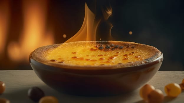 This close-up food photography captures the luxurious and creamy texture of Crema Catalana dessert. Shot with a Canon 5D DSLR camera and a 50mm portrait lens, the ultra-realistic and highly-detailed image showcases the dessert's golden-brown caramelized top and smooth custard base. The V-ray render and 8K resolution, combined with ray tracing techniques, make the image appear almost three-dimensional. The dessert is beautifully illuminated with golden hour lighting, uplight, and hard rim lighting, creating a dramatic effect.