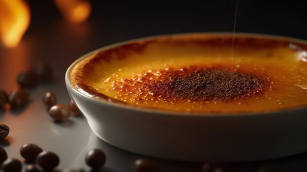 This close-up photograph showcases the luxurious texture and rich flavor of crema catalana, a traditional Spanish dessert similar to crème brûlée. The ultra-realistic and highly detailed image was captured using a Canon 5D DSLR camera and a 50mm portrait lens, with a shallow depth of field that creates a soft, dreamy effect. The photo was rendered using V-ray technology in 8K resolution, with advanced ray tracing that adds depth and realism to the image. Golden hour lighting creates a warm, inviting ambiance, while uplighting and hard rim lighting highlight the textures and contours of the dessert.