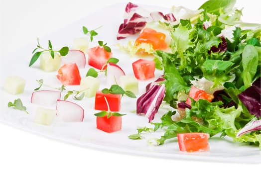Various salad leaves with tomato, radish and cucumber