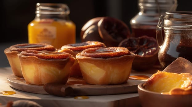 This close-up food photograph captures the flaky, golden-brown crust and creamy, custardy filling of a traditional Portuguese Pastéis de Nata pastry. Shot with a Canon 5D DSLR camera and a 50mm portrait lens, the image is ultra-realistic and showcases the delicate details of the pastry. The V-ray render and ray tracing technology create a highly-detailed, high-resolution 8K image that looks almost good enough to eat. The Golden hour lighting and uplight add a warm, inviting glow to the scene, while the hard rim lighting provides depth and dimension.