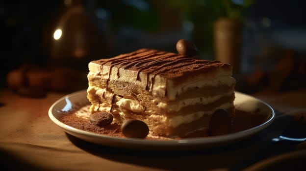 This close-up food photography of Tiramisu captures the dessert's luscious texture and decadent layers. With a focus on its creamy and light elements, the image evokes a sense of indulgence and comfort. Shot with a Canon 5D DSLR camera and a 50mm portrait lens, the photo exhibits high-quality detail, depth-of-field (DOF), and an ultra-realistic look through V-ray rendering, ray tracing, and 8K resolution. Golden hour lighting, uplight, and hard rim lighting enhance the photo's mood and highlight the dessert's intricate features.