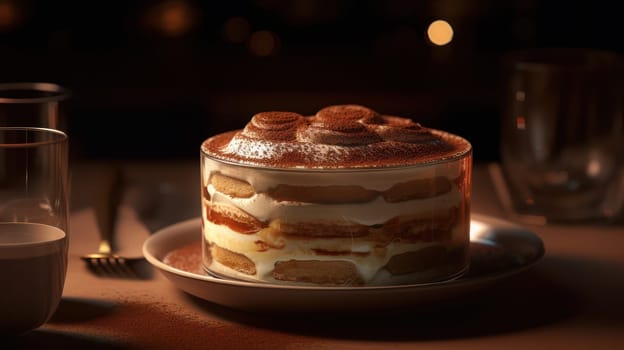 This stunning close-up food photograph showcases the indulgent layers of creamy tiramisu in mouth-watering detail. Shot using a Canon 5D DSLR with a 50mm portrait lens, the image boasts V-ray render and 8K resolution, highlighting every delectable detail in ultra-realistic clarity. The use of golden hour lighting, uplight, and hard rim lighting creates a warm, inviting atmosphere that perfectly complements the richness of the dessert.