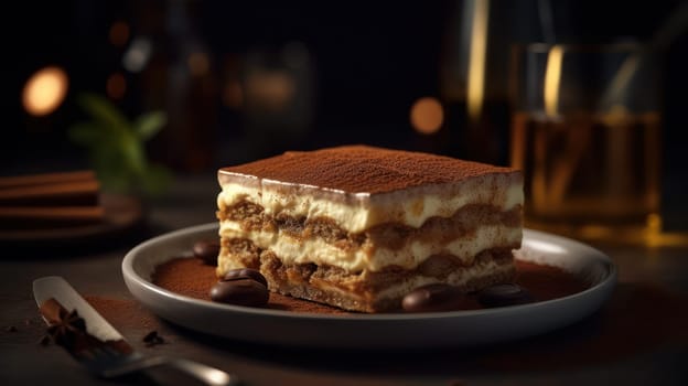 This close-up food photography showcases the rich and creamy texture of Tiramisu, a classic Italian dessert. The use of Canon 5D and 50mm portrait lens captures the details with an ultra-realistic effect. The depth of field (DOF) and V-ray render create a sense of depth and dimension. The 8K resolution and ray tracing highlight the dessert's texture and color, while the golden hour lighting and hard rim lighting create a dramatic effect.