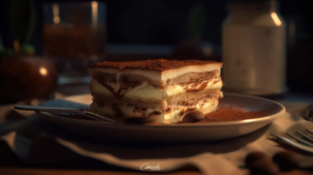 This close-up food photography of Tiramisu captures the luscious layers of mascarpone cheese and ladyfingers, dusted with cocoa powder. Shot with a Canon 5D DSLR camera and 50mm portrait lens, the ultra-realistic image features a shallow depth of field and a V-ray render. The 8K resolution and ray tracing technology bring out the intricate details of the dessert. The Golden hour lighting, uplight, and hard rim lighting create a warm and inviting ambiance.