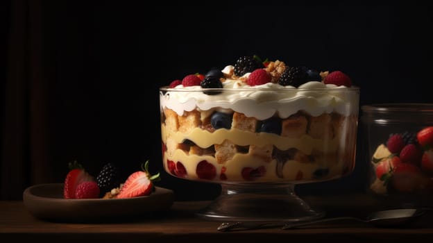 This close-up food photograph of a trifle dessert showcases the beauty and deliciousness of this classic treat. The rustic presentation adds charm, while the ultra-realistic details capture every layer and texture. Captured with a Canon 5D DSLR camera and 50mm portrait lens, with the use of DOF and V-ray render, the result is an 8K resolution image with stunning ray tracing. The golden hour lighting and uplight with hard rim lighting creates a warm and inviting atmosphere.