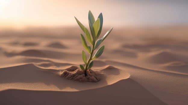This breathtaking photo captures the essence of survival in the harsh desert landscape. A single, weak, very young plant stands tall, defying the odds in a seemingly barren environment. The muted tones of the sandy desert background contrast with the vibrant green of the plant, drawing attention to its fragile beauty. The photo is highly detailed, allowing viewers to appreciate the delicate structure of the plant.