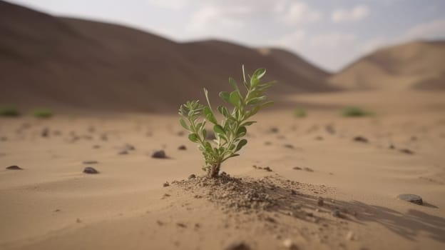 This stunning 8k photo captures the struggle of a single, young plant in the harsh desert environment. Despite its fragile appearance, the plant displays an incredible resilience and determination to survive.