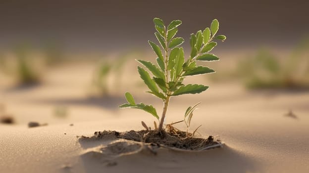 This stunning 8K photo captures the resilience of a single, young plant struggling to survive in the harsh and arid desert environment. Despite its fragility, the plant stands tall and determined, a symbol of hope and perseverance in the face of adversity. This photograph was taken by a National Geographic photographer, capturing the beauty and struggle of nature.