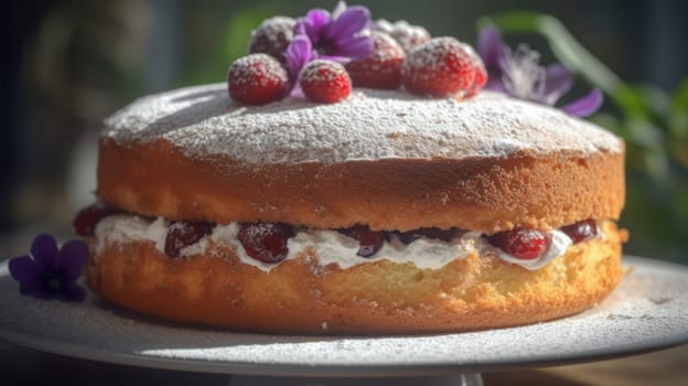 This photo features a close-up of a Victoria Sponge cake, showcasing its rustic texture and ultra-realistic appearance. Captured with a Canon 5D DSLR and 50mm portrait lens, the image boasts a high level of detail and depth of field (DOF). Rendered with V-ray technology in 8K resolution and featuring ray tracing, the cake is illuminated with Golden hour lighting, highlighting its uplight and hard rim lighting.