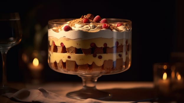 This close-up food photograph of a rustic trifle captures the dessert's decadent layers and textures. The creamy custard, sweet fruit, and crunchy crumble are highlighted by the expert use of lighting and camera techniques. Shot with a Canon 5D DSLR using a 50mm portrait lens, the image boasts ultra-realistic details, depth of field, and a V-ray render with ray tracing technology. The warm golden hour lighting and uplighting add a cozy, inviting atmosphere, while the hard rim lighting creates contrast and drama. This photograph is perfect for food bloggers, chefs, or anyone who appreciates the beauty of delicious desserts.