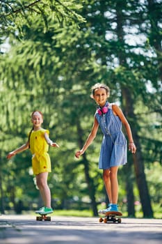 Cute girl and her friend skateboarding on summer weekend