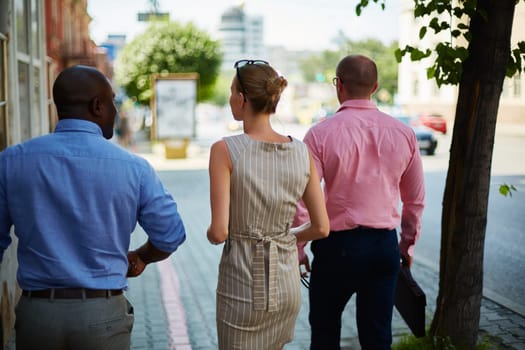 Backs of business group interacting during walk