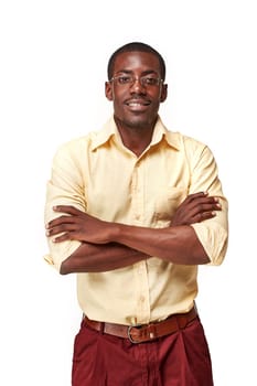 portrait of handsome young black african smiling man,  isolated on white background. Positive human emotions