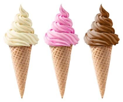 different sorts of ice cream in a waffles isolated on white background
