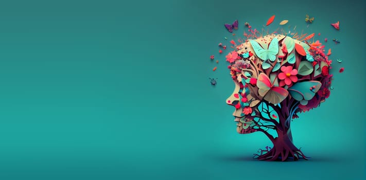 Human brain with flowers and butterflies, self care and mental health concept, positive thinking, creative mind, generative AI