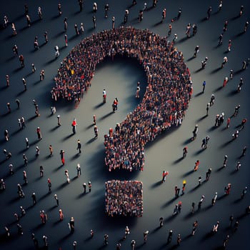 Group of people building a question mark, searching for answers, thoughts for solving a problem, having doubts, generative A