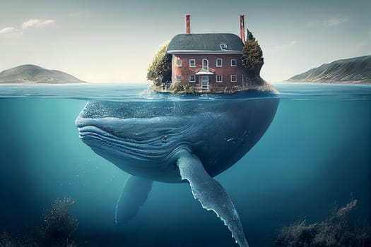 Big whale swimming under water, house on an island on his back, surreal maritime concept, generative AI