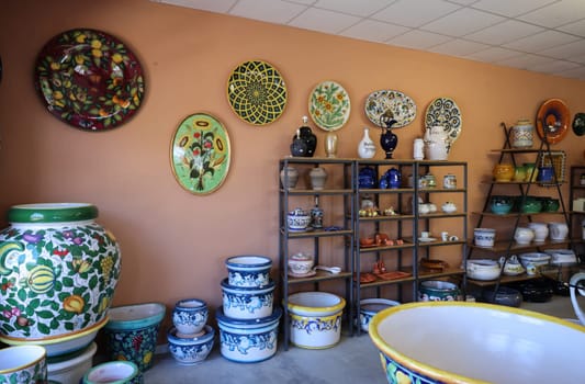 Pienza, Italy - September 12, 2022: Shop with typical Italian ceramics near Pienza
