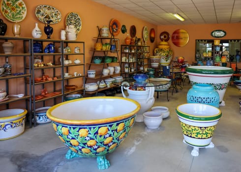 Pienza, Italy - September 12, 2022: Shop with typical Italian ceramics near Pienza