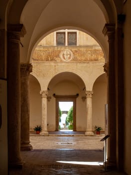 Pienza, Italy - Sept 12, 2022: Pienza, a tiny village in the Tuscany, known as the ideal city of the Renaissance and a capital of pecorino cheese. UNESCO World Heritage Site.