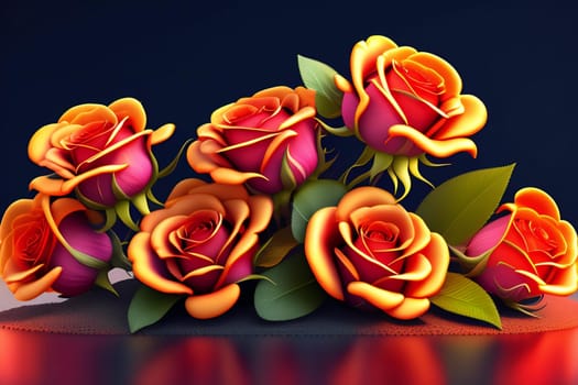 3d illustration of red and yellow rose flowers over dark blue background