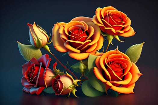 3d illustration of red and yellow rose flowers over dark blue background