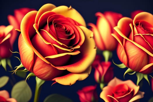 3d illustration of red and yellow rose flowers over dark blue background