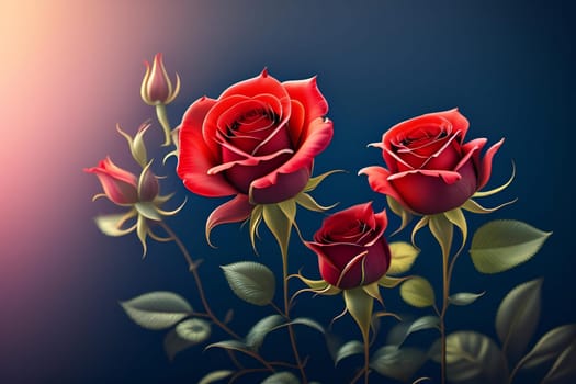 3d illustration of red and yellow rose flowers over dark blue background
