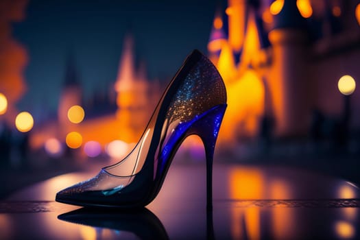 Black high heel shoes against the backdrop of the night city. 3D rendering