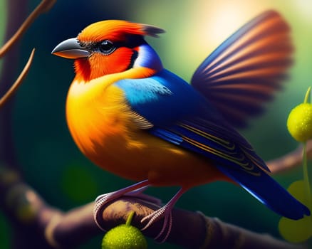 Colorful bird on a background of nature. 3d illustration.