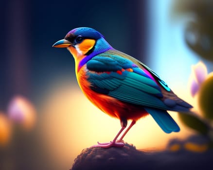 3d render of a colorful bird on a background of nature