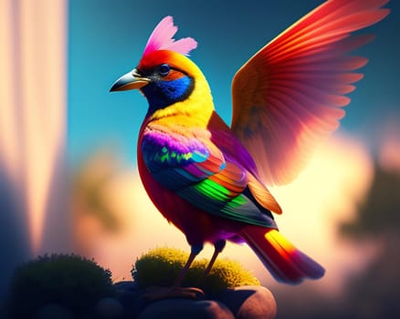Colorful bird on a background of nature. 3d illustration.