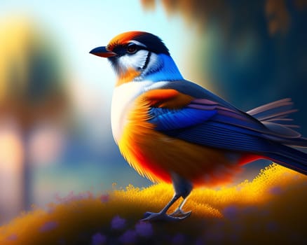 3d render of a colorful bird on a background of nature