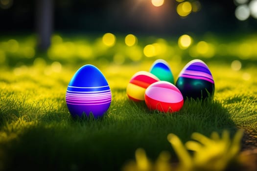 Colorful easter eggs on green grass with sun flare background