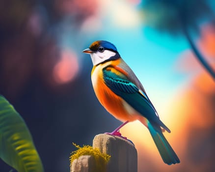 Colorful bird on a background of nature. 3d illustration.