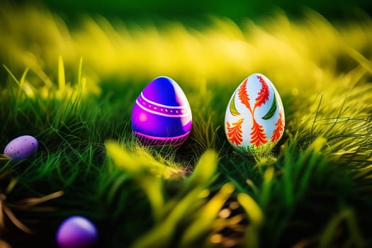 Colorful easter eggs on green grass with sun flare background