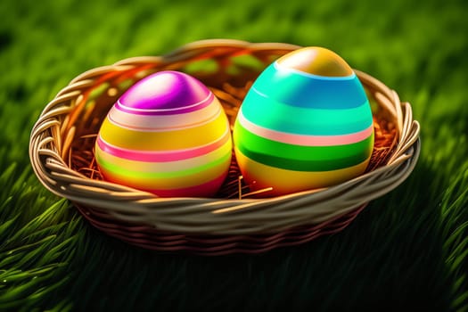 Colorful easter eggs on green grass with sun flare background