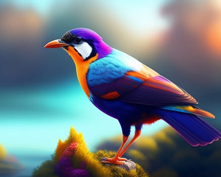 3d render of a colorful bird on a background of nature