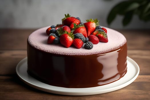 Delicious chocolate cake with fresh berries on wooden table, closeup