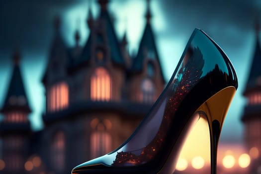 Black high heel shoes against the backdrop of the night city. 3D rendering