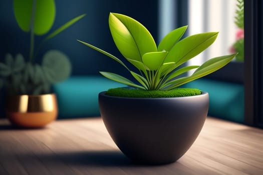 Green plant in vase on wooden table with black wall background