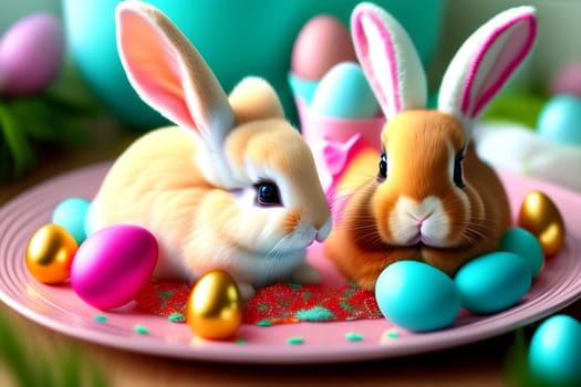 Easter bunnies with Easter eggs on a pink plate.