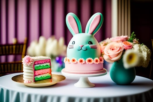 Easter cake with bunny and flowers on the table. Selective focus.